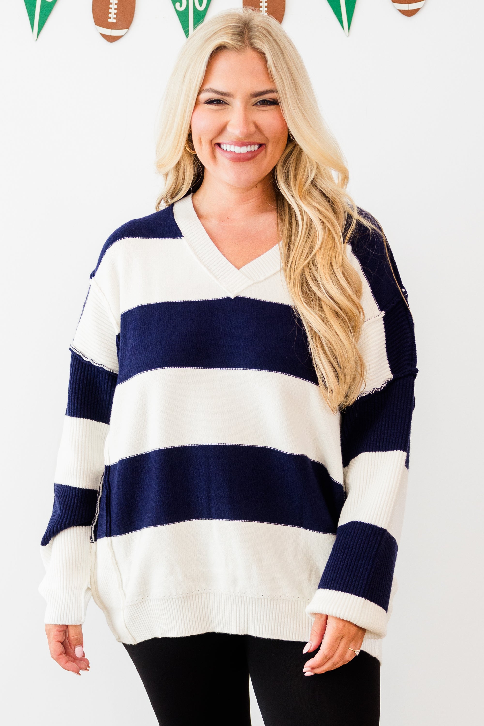 Lineage Cozy Striped Sweater. Navy-Ivory