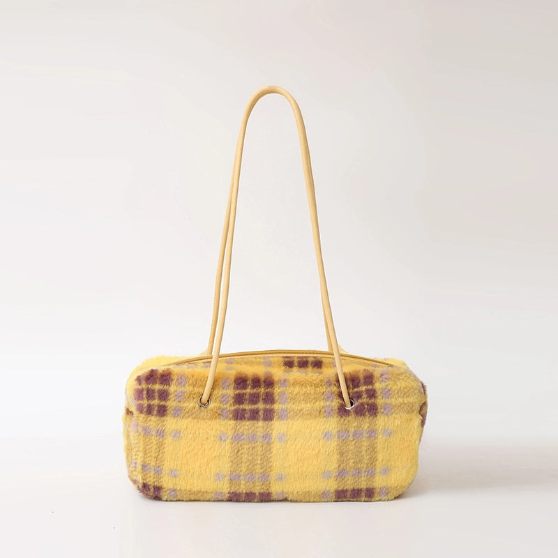 Women's Fur Lattice Plaid Streetwear Pillow Shape Zipper Underarm Bag