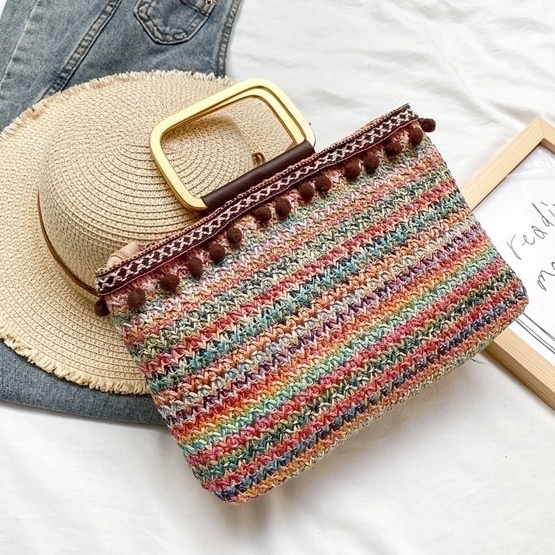 Women's Medium All Seasons Straw Solid Color Basic Streetwear Square Zipper Handbag Straw Bag