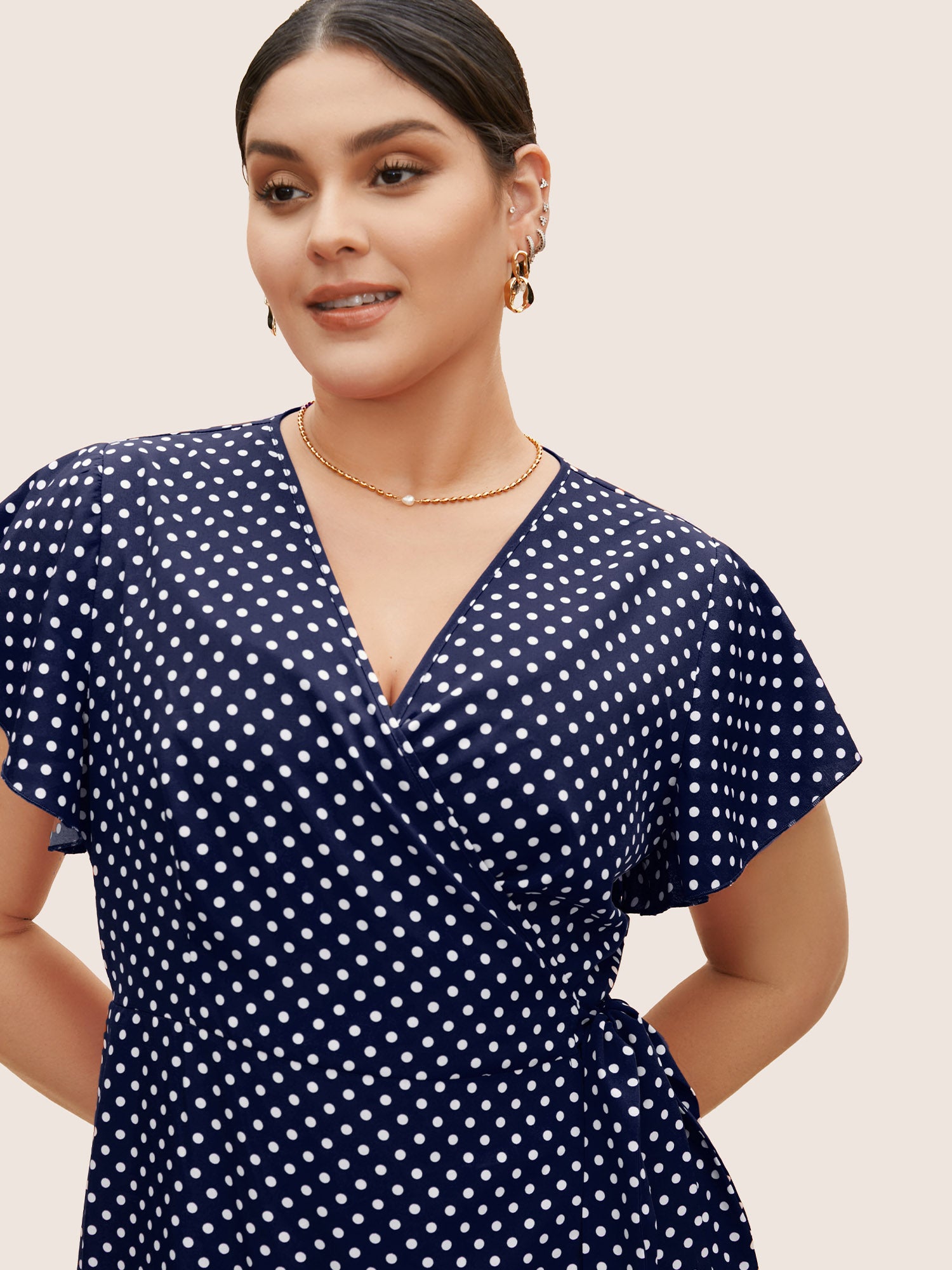 Polka Dot Wrap Ruffle Sleeve Tie Knot Dress