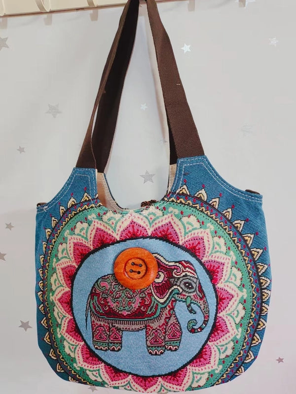 Women's Large Canvas Elephant Ethnic Style Square Zipper Shoulder Bag
