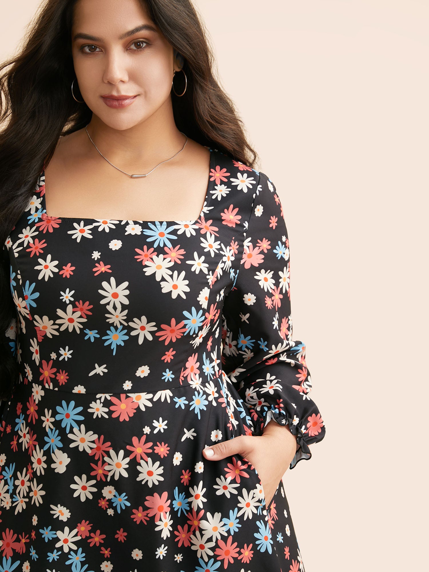 Floral Square Neck Lantern Sleeve Dress