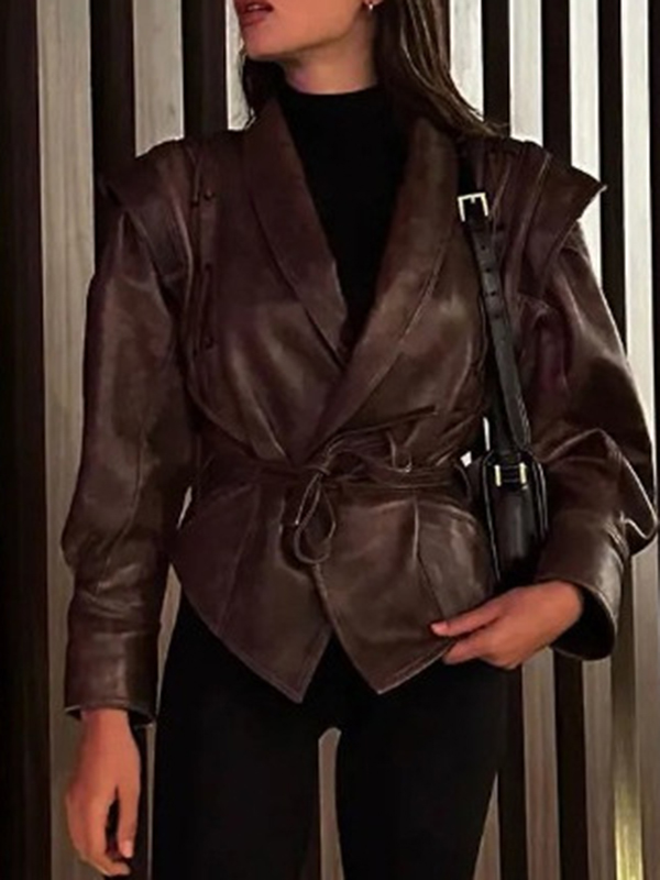 Long Sleeves Loose Split-Joint Tied Waist Lapel Jackets Outerwear