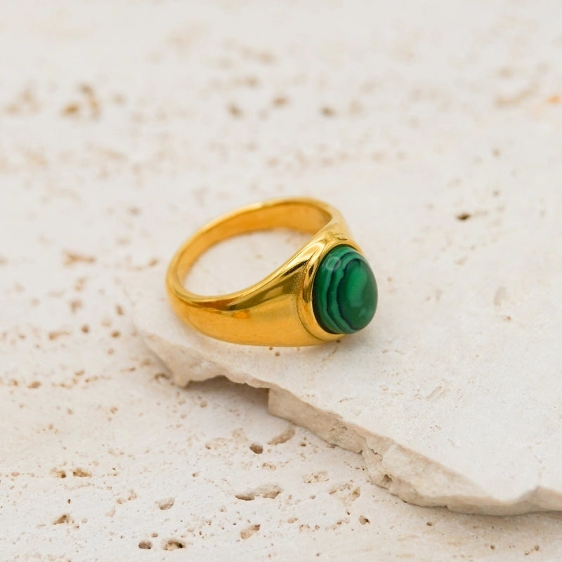 Retro Oval Stainless Steel Plating Inlay Agate 18k Gold Plated Rings