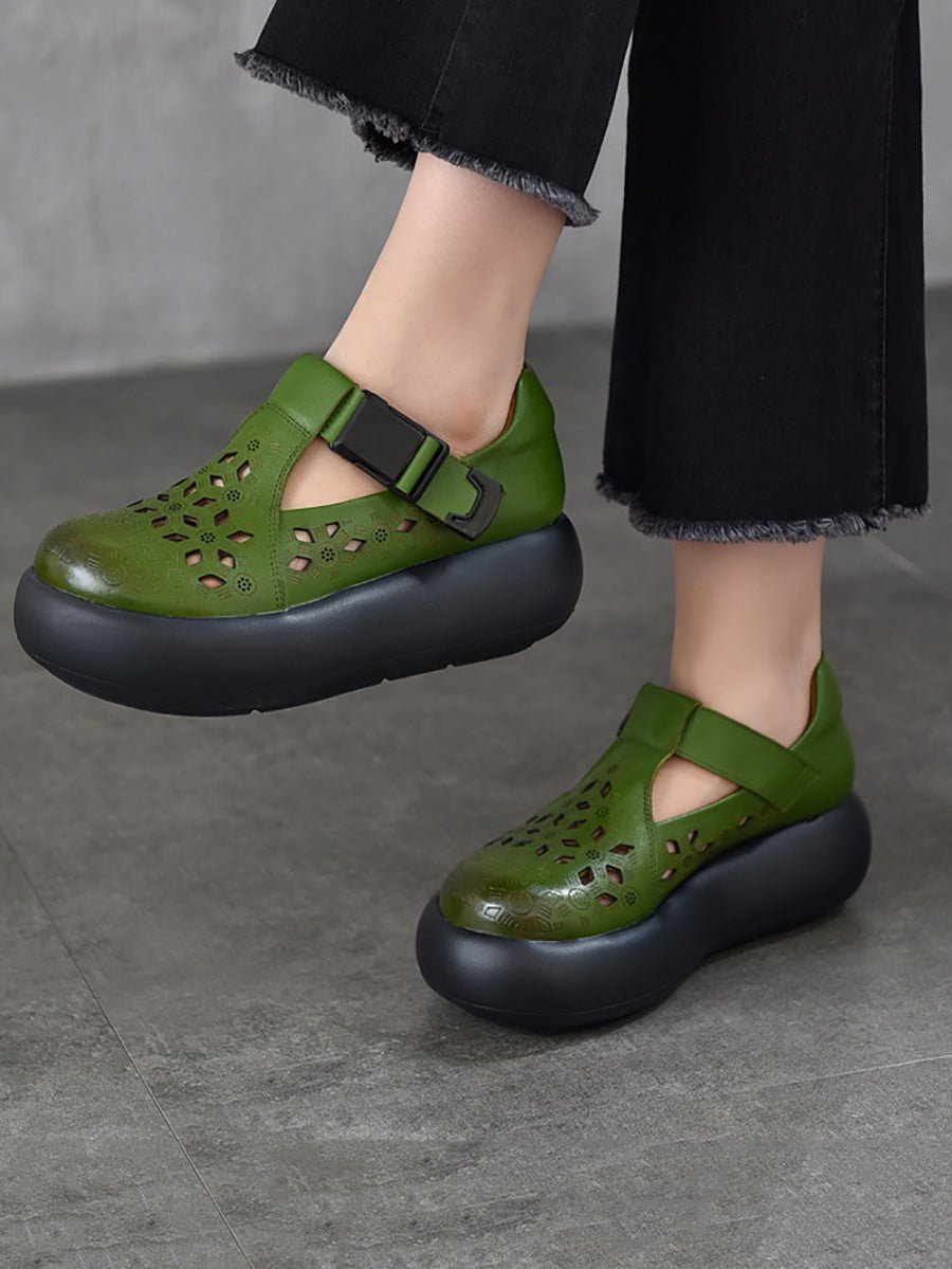 Women Casual Summer Genuine Leather Hollow Out Platform Shoes