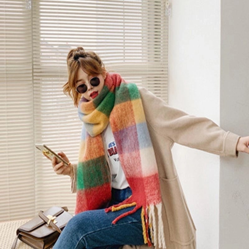 Rainbow Plaid Scarf Women's Autumn And Winter Thickened Mohair Student Couple Contrast Color Matching Thickened
