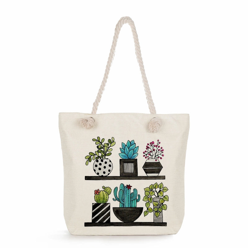 Women's Cotton And Linen Cactus Classic Style Square Zipper Tote Bag