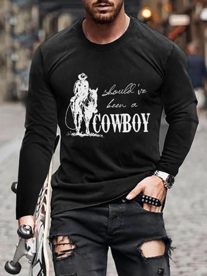 Men's Should've Been A Cowboy RIP Keith Country Music Print Casual Long Sleeve T-Shirt