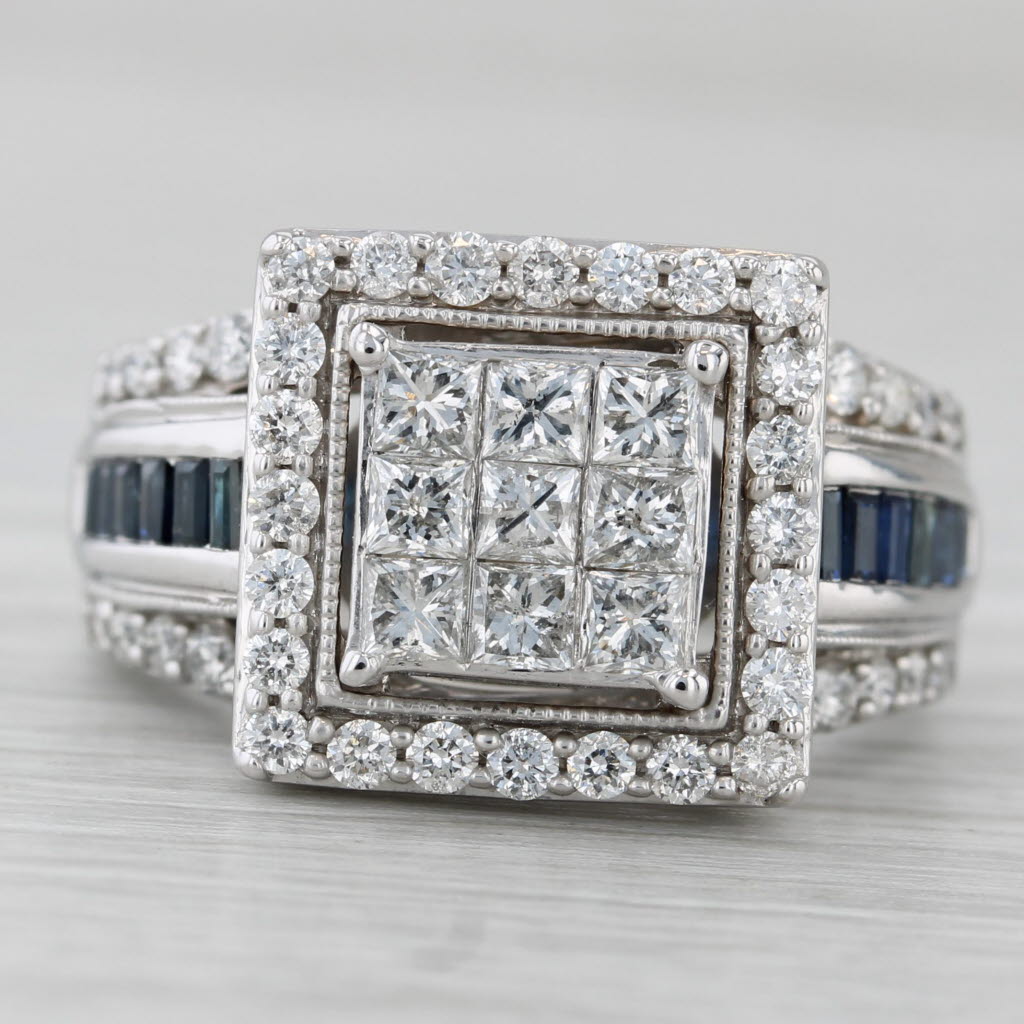 1.77ctw Diamond Halo Engagement Ring 14k White Gold Sapphire Accents Size 7