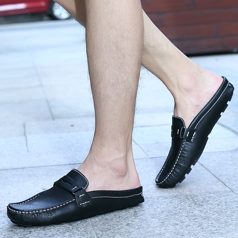 Fransikin business 2024 Brand Men Shoes Summer Casual Flat Shoes Soft Leather Shoes Slip-on Half Slippers Men Comfortable Driving Loafers Slides