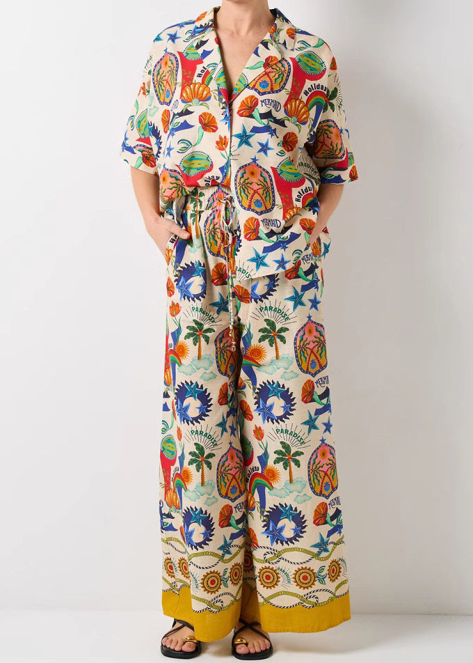 New Pink Print Shirts And Wide Leg Pants Two Pieces Set Summer
