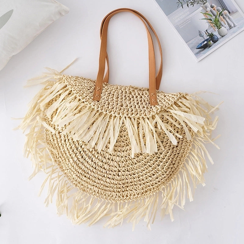 Women's Large Straw Solid Color Vacation Beach Weave Semicircle Zipper Straw Bag