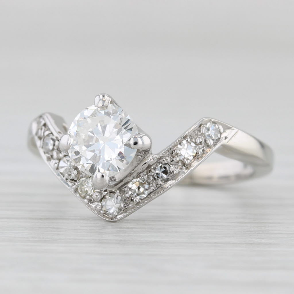 Vintage 0.70ctw Round Diamond Engagement Ring 14k White Gold Sz 4.5 Contoured V