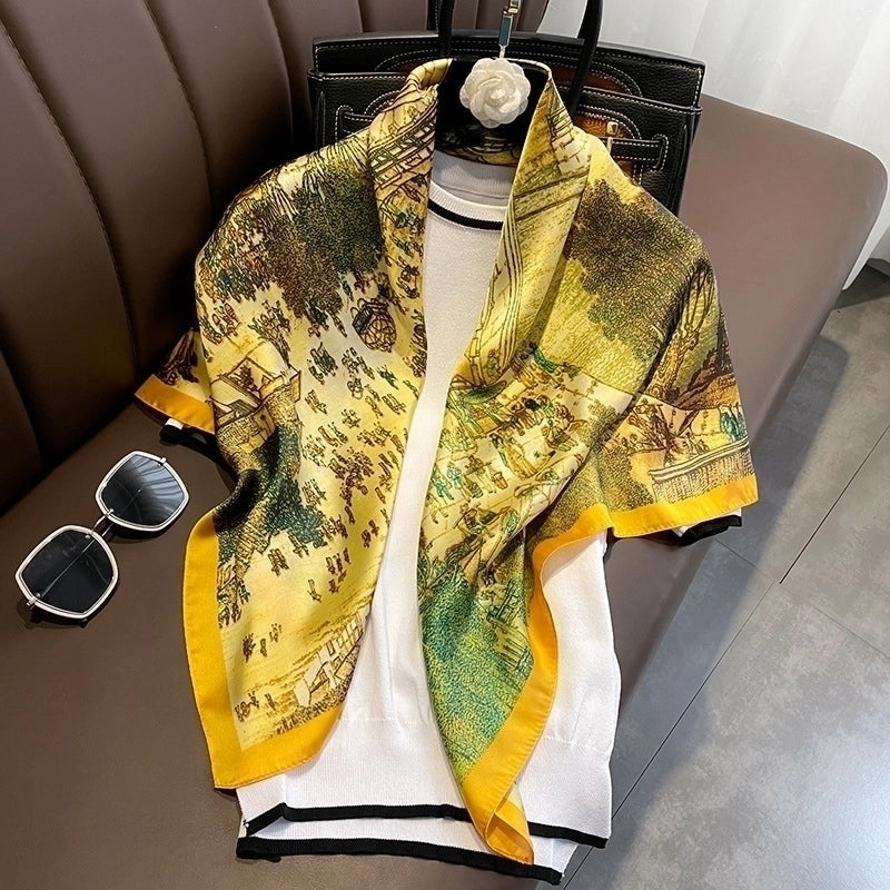 Women's Elegant Printing Satin Printing Silk Scarf