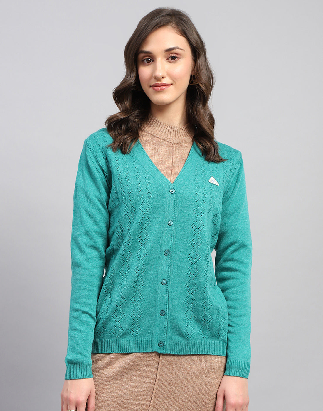 Women Teal Blue Self Design V Neck Full Sleeve Cardigan