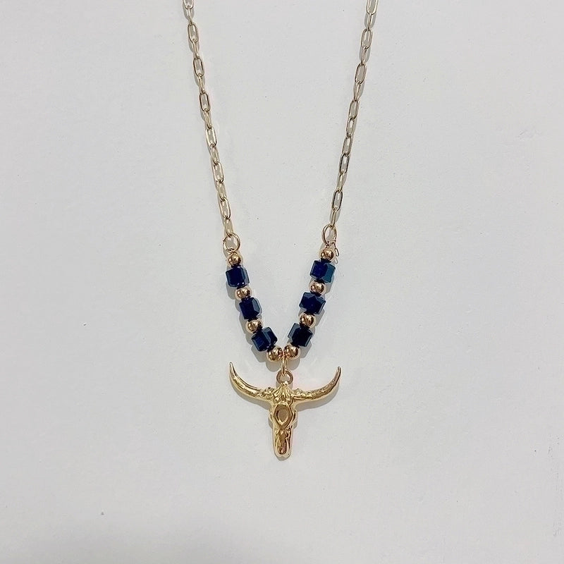 Fashion Bull Head Stainless Steel Plating Natural Stone Pendant Necklace