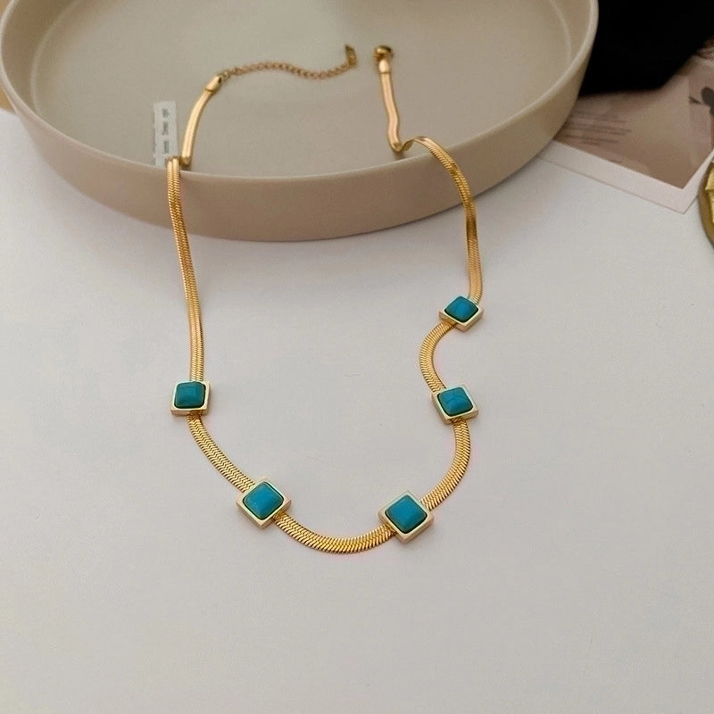 Minimalist Geometric Alloy Titanium Steel Plating Inlay Artificial Pearls Turquoise Rhinestones Necklace