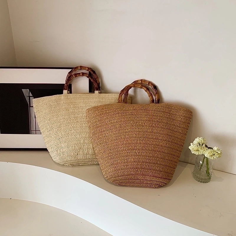 Women's Medium Straw Solid Color Vacation Beach Weave Zipper Straw Bag