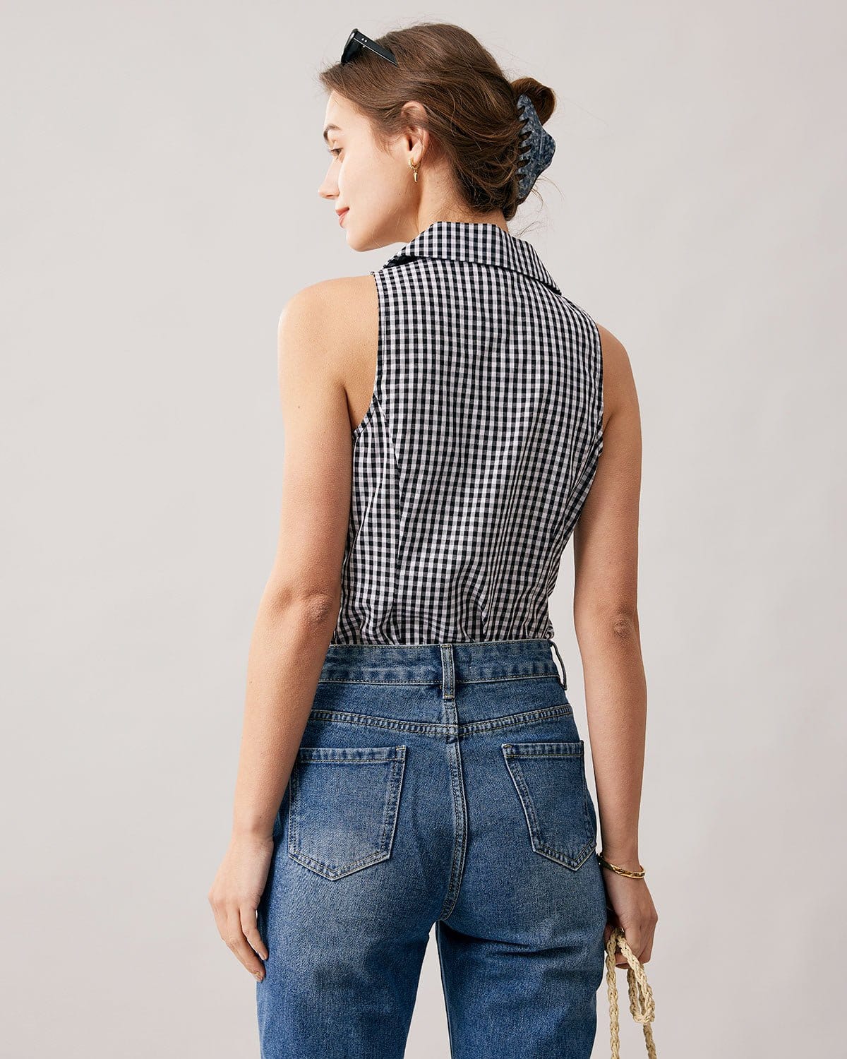 The Collared Button Up Sleeveless Plaid Vest
