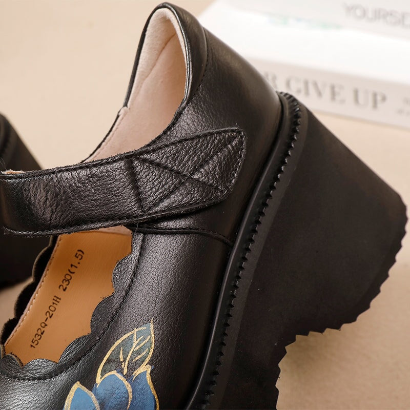 Retro Cowhide Leather Mary Jane 70mm Platform Shoes with Floral Print in Black