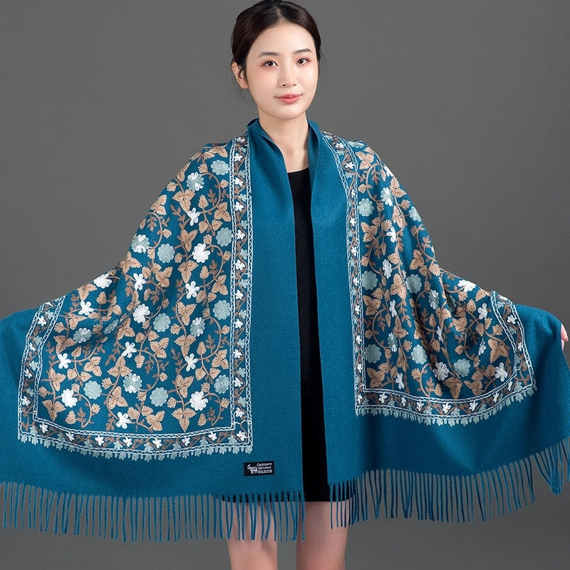 Embroidered Imitation Wool Cashmere Scarf Women's Autumn And Winter Cheongsam Air Conditioning Shawl Summer Outer Wear Multi-purpose Mother Style