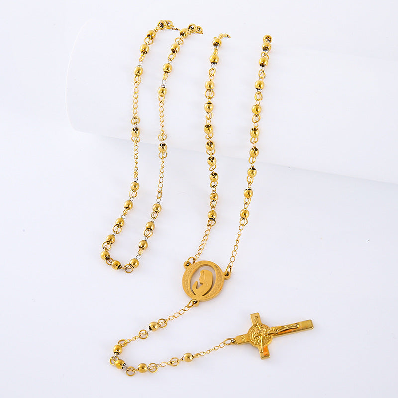 Aml Fashion Stainless Steel Round Beads Rosary Men And Women Cross Necklace Sweater Chain
