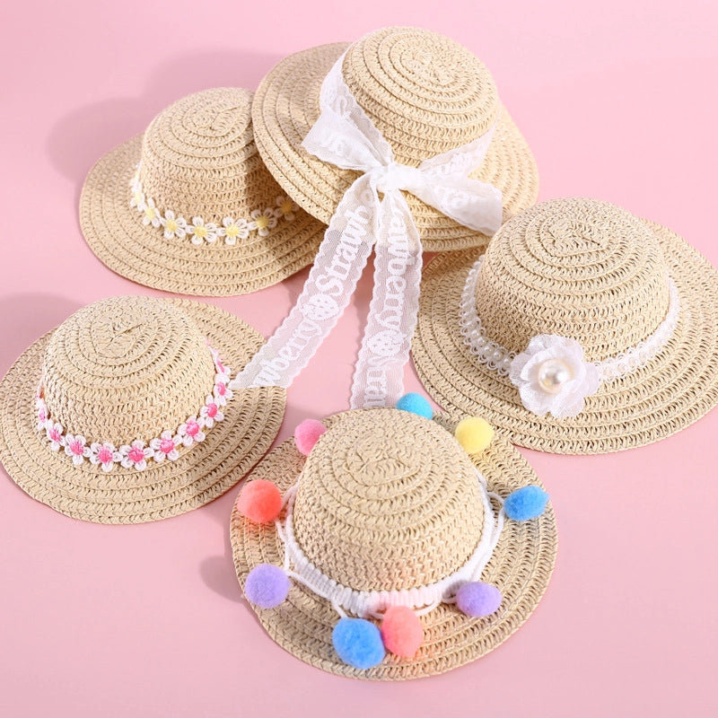 Pet Woven Adjustable Pearl Flower Lace Bow Daisy Ball Cat Dog Straw Hat