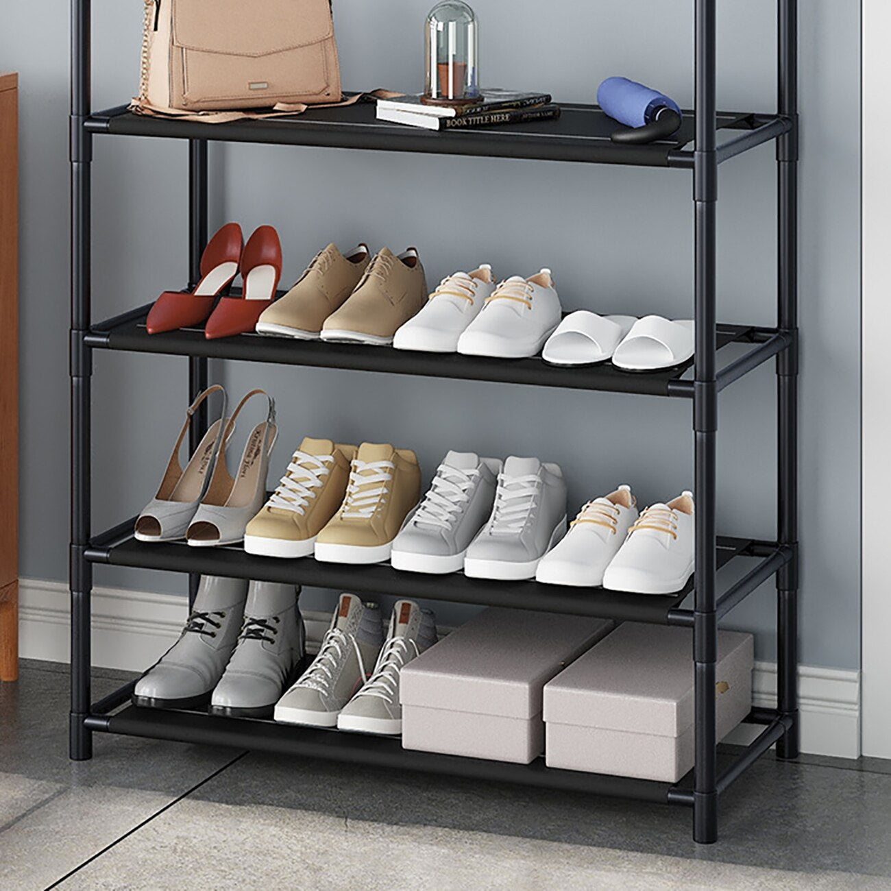 Multi-Function 4 Tiers Shoes Rack With Hanger. Living Room Clothes Storage Rack