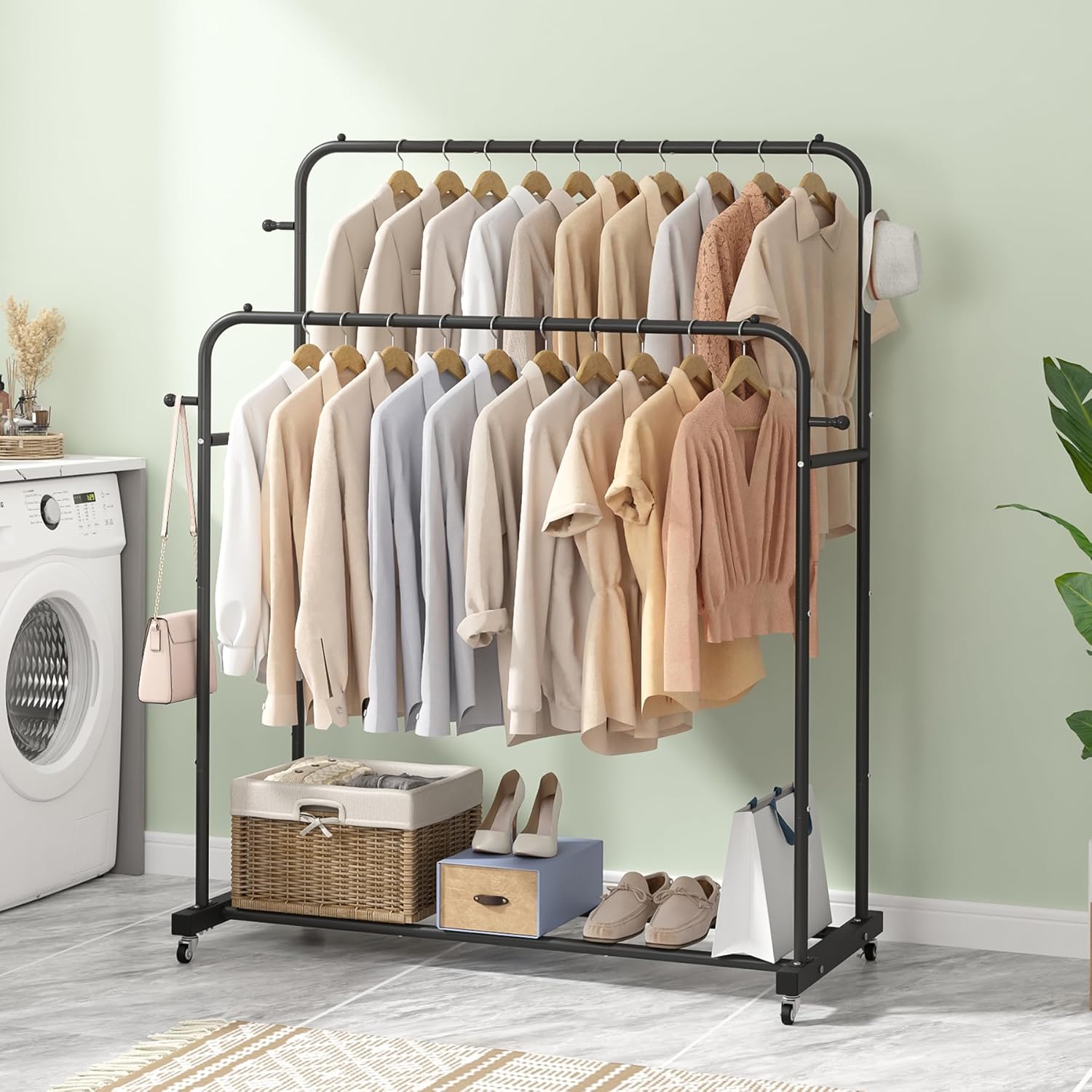Laiensia Double Rods Garment Rack with Wheels, Clothing Rack for Hanging Clothes,4 Hooks, Multi-functional Bedroom Clothes Rack, Black