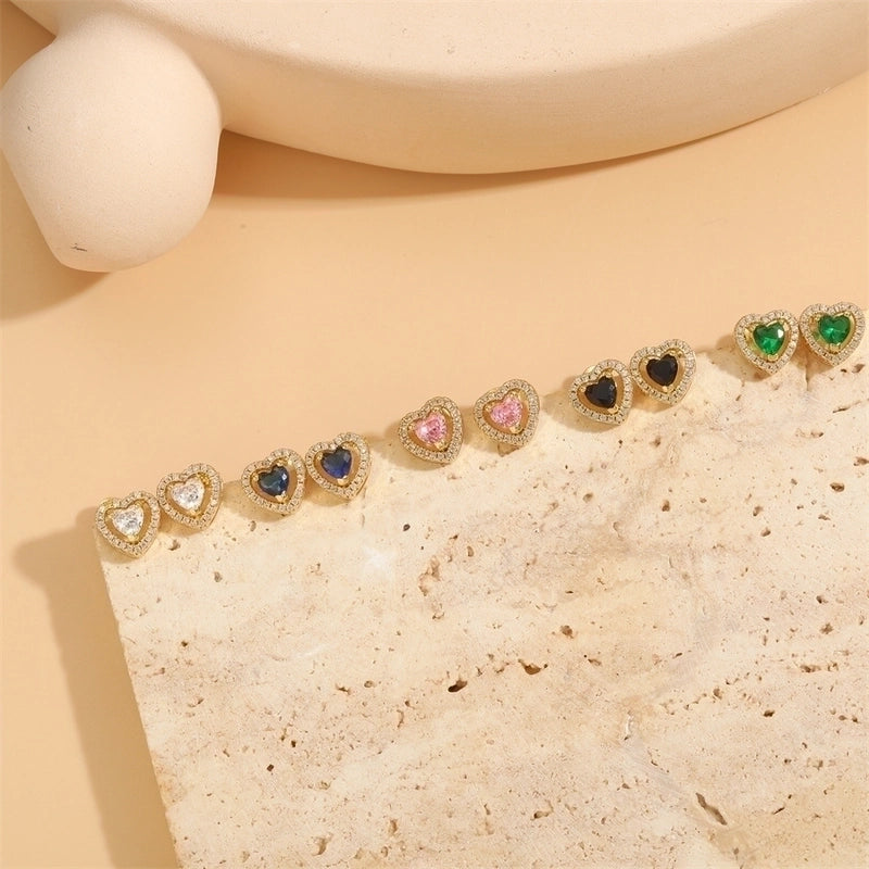 1 Pair Minimalist Shiny Heart Shape Plating Inlay Copper Zircon 14k Gold Plated Ear Studs