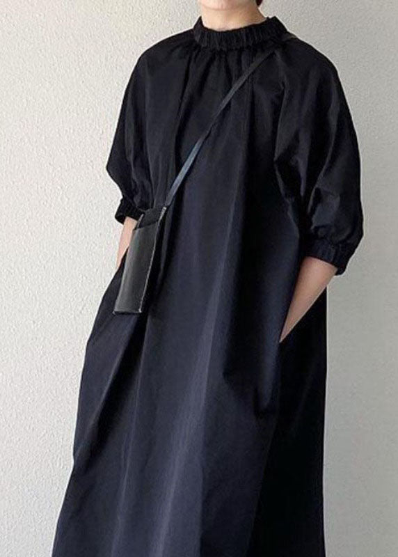 Handmade Black Stand Collar Patchwork Cotton Long Dress Half Sleeve Summer
