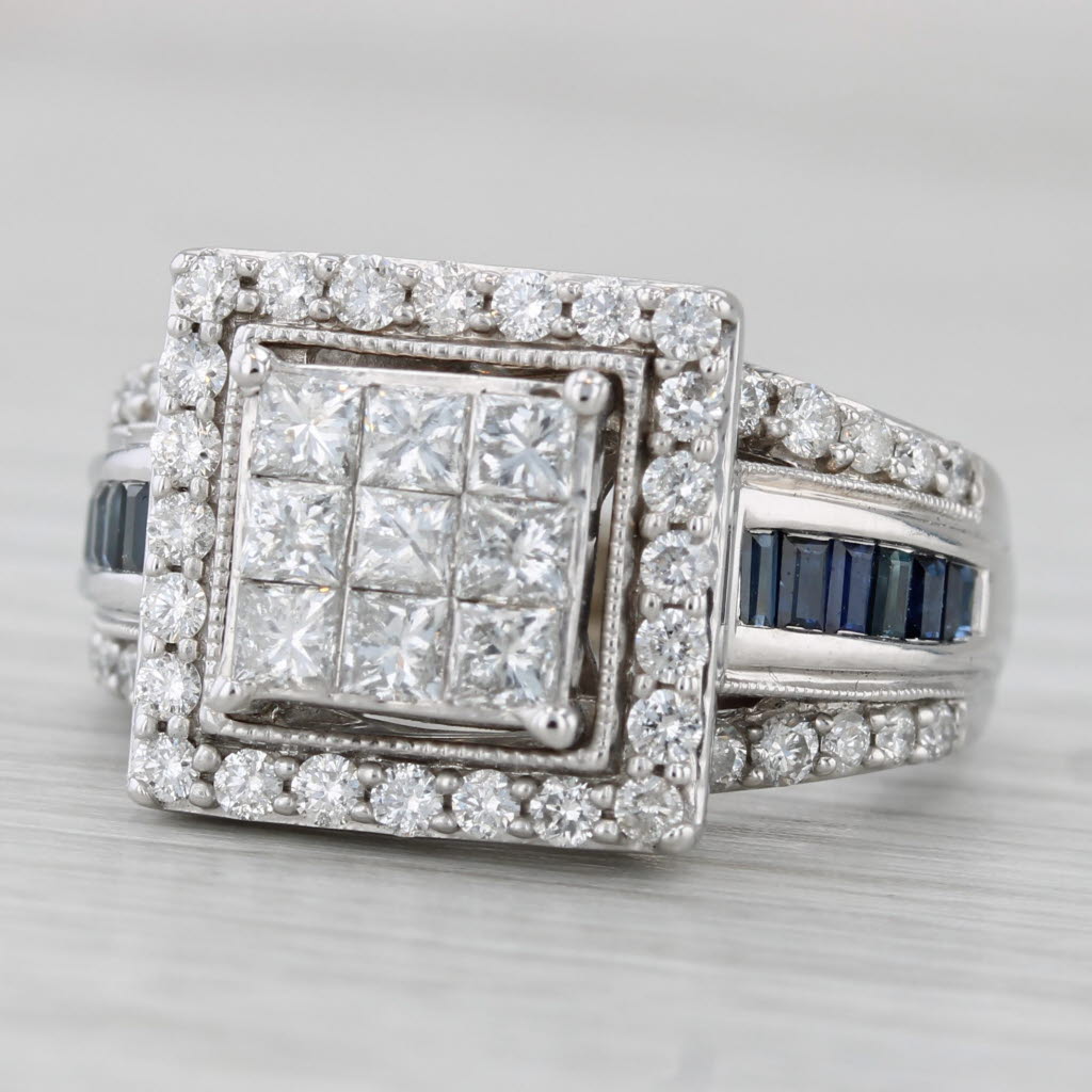 1.77ctw Diamond Halo Engagement Ring 14k White Gold Sapphire Accents Size 7