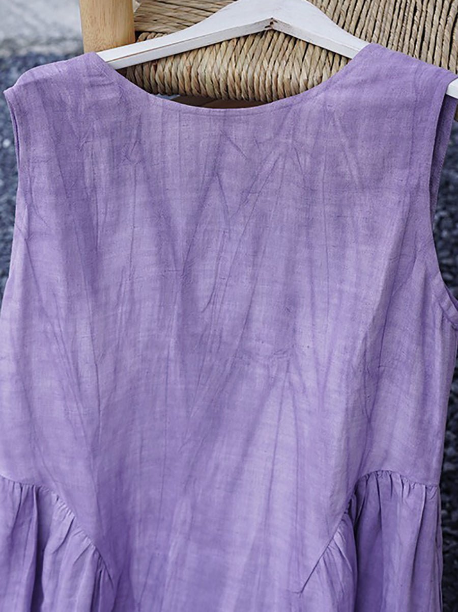 Women Summer Casual Pure Color O-Neck Linen Vest Dress
