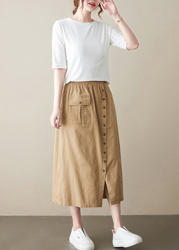 Boutique Khaki Asymmetrical side open elastic waist Button Linen Skirt Spring