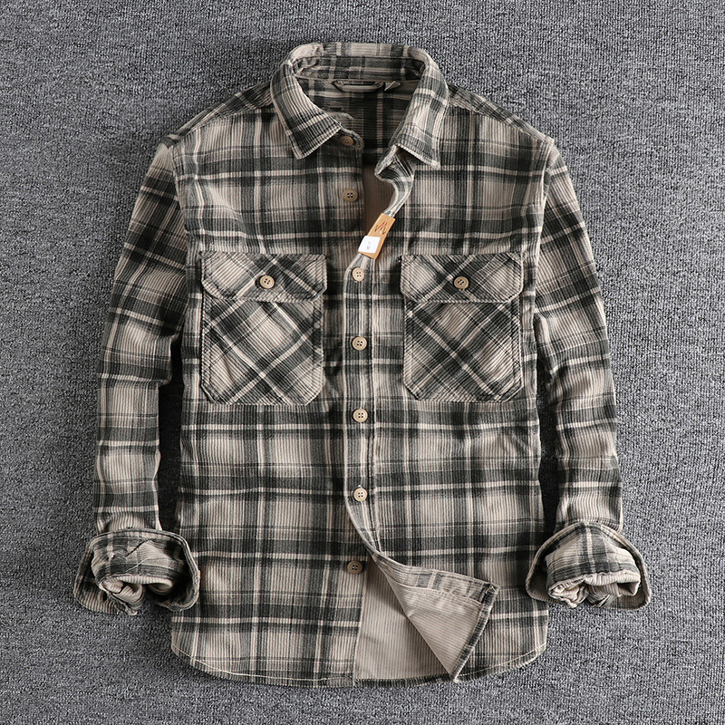 Vintage Washed Corduroy Plaid Long-Sleeved Shirt