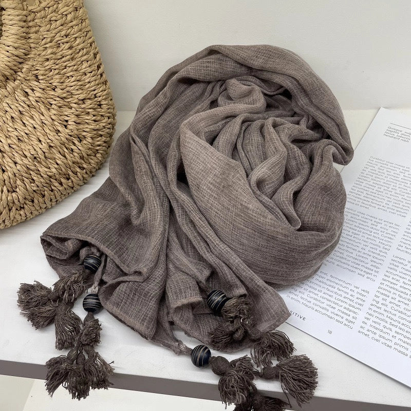 New High-end Ethnic Linen Wooden Beads Hanging Shawl Sunscreen Artistic Cotton And Linen Scarf Women