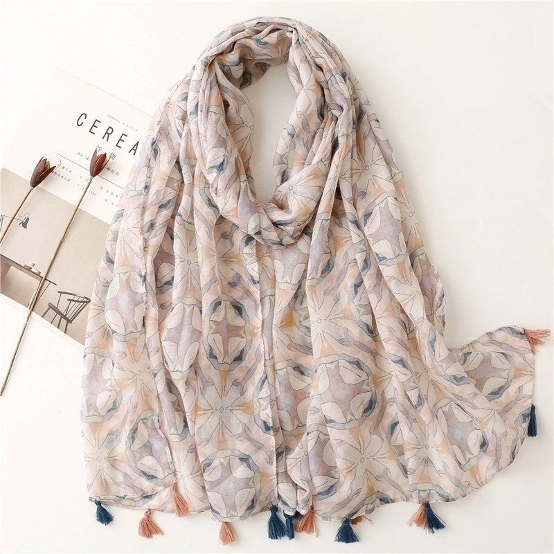 Yarn Cotton Fruit Green Bright Yellow Leaf Printing Tassel Scarf Shawl