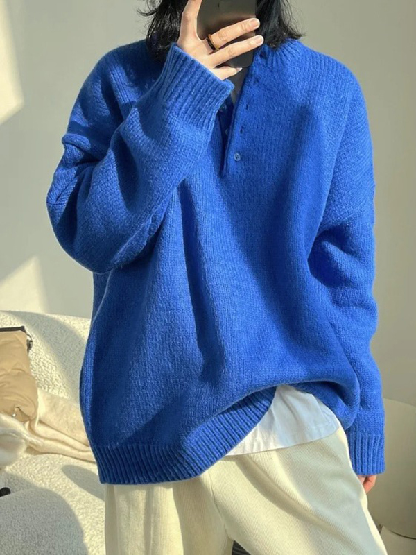 Long Sleeves Loose Solid Color Split-Joint Round-Neck Sweater Tops