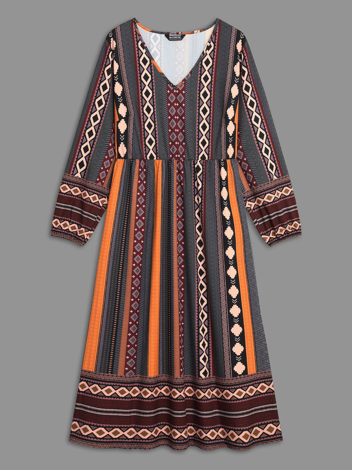Bandana Striped Lantern Sleeve Midi Dress