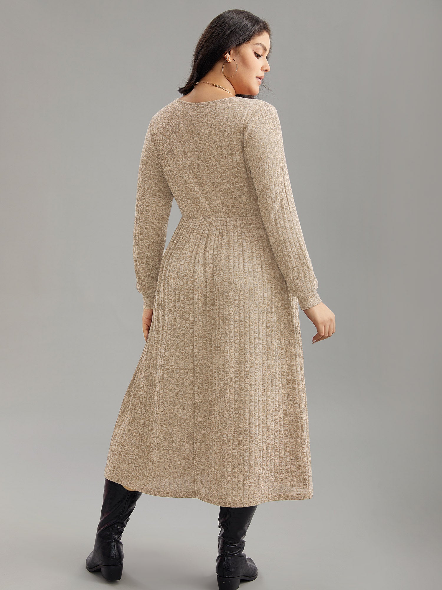 Rib Knit Plain Plisse Long Sleeve Dress