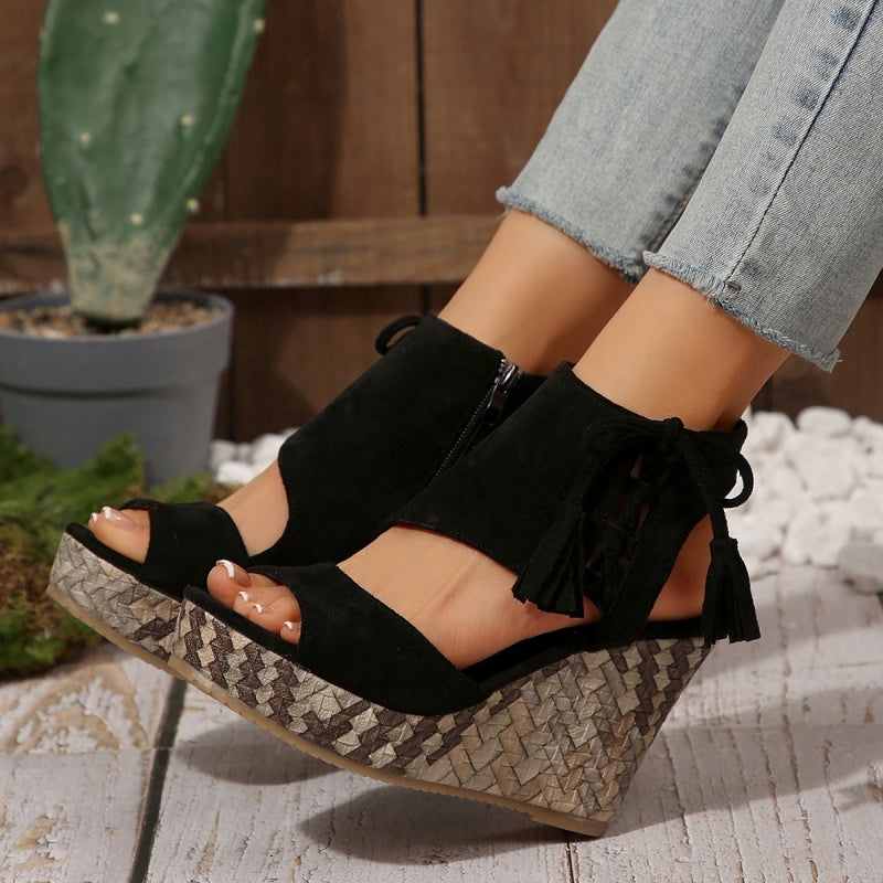 Women's Tassel Open Toe Platform Wedge Sandals