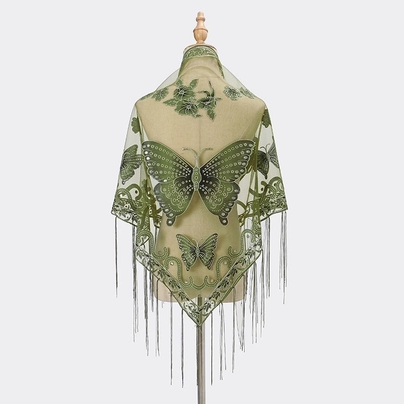 New Tassel Triangle Scarf Solid Color Hollow Lace Butterfly Embroidered Triangle Shawl Scarf For Women