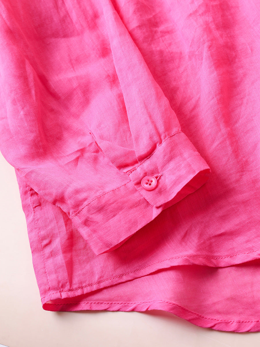 Women Summer Casual Pure Color Turn-down Collar 100%Ramie Shirt