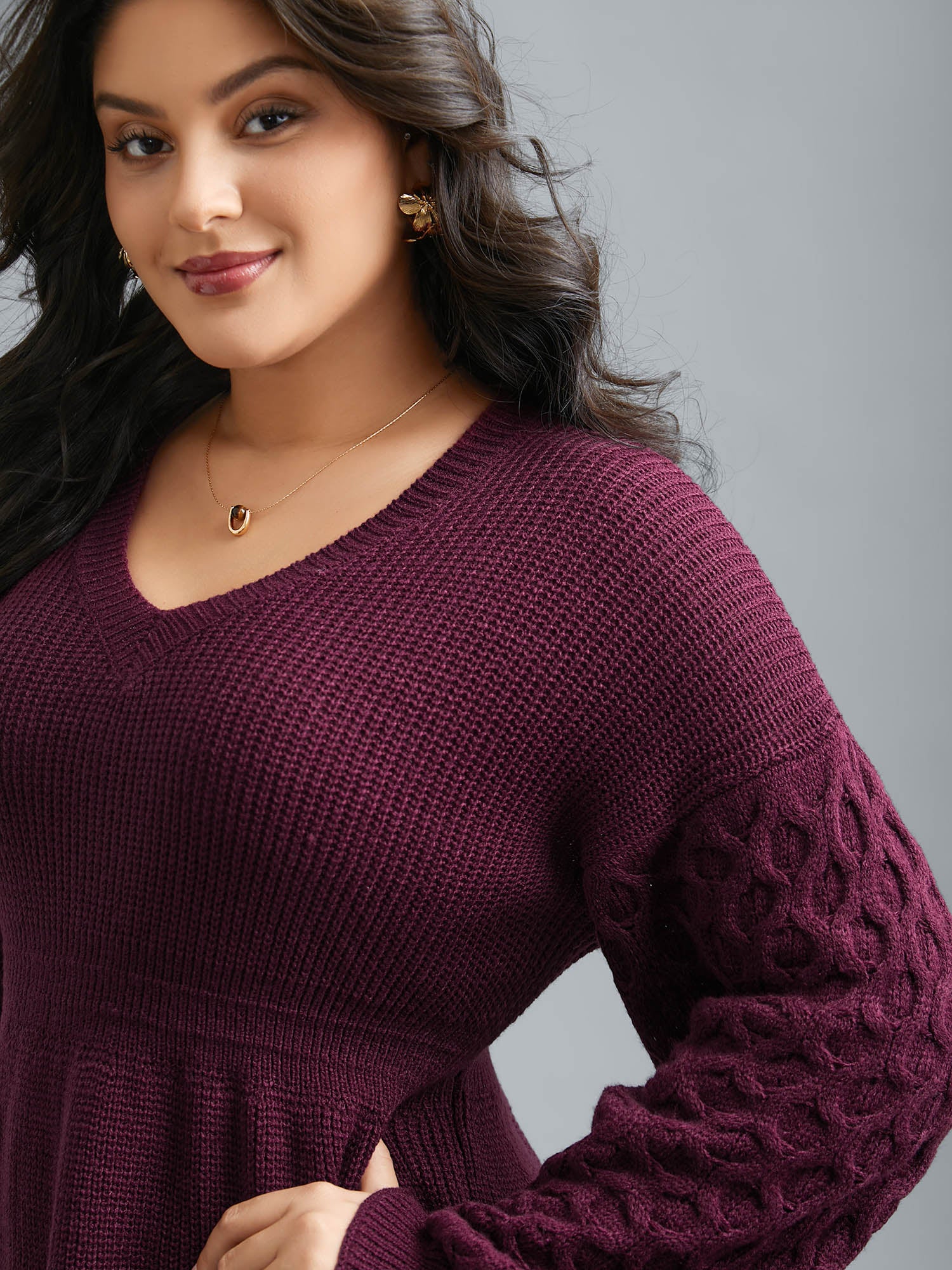 Plain Ribbed Knit Waist Cinched Pullover