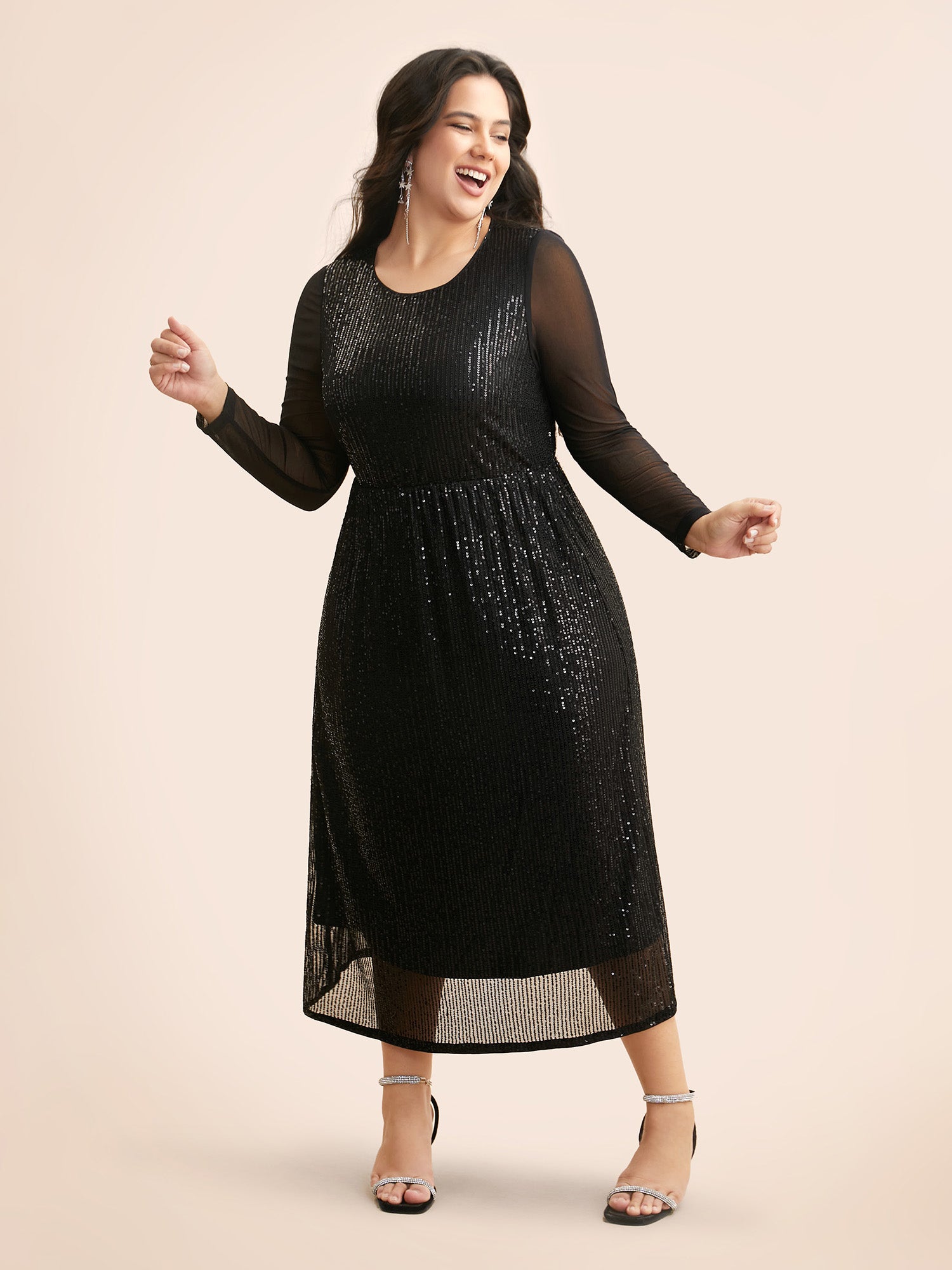 Crew Neck Patchwork Sequin Mesh Dress