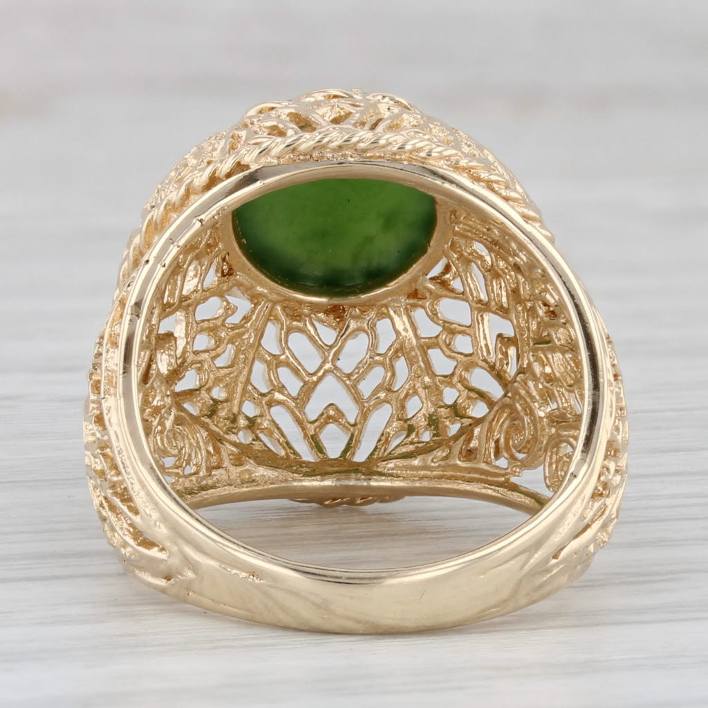 Green Nephrite Jade Ornate Openwork Ring 14k Yellow Gold Size 6.25 Cocktail