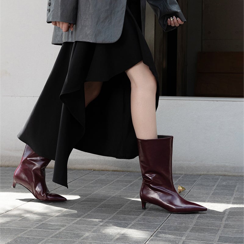 Fashion Point Toe Mid Calf Boots Low Kitten Heel Boots Slimming Boots