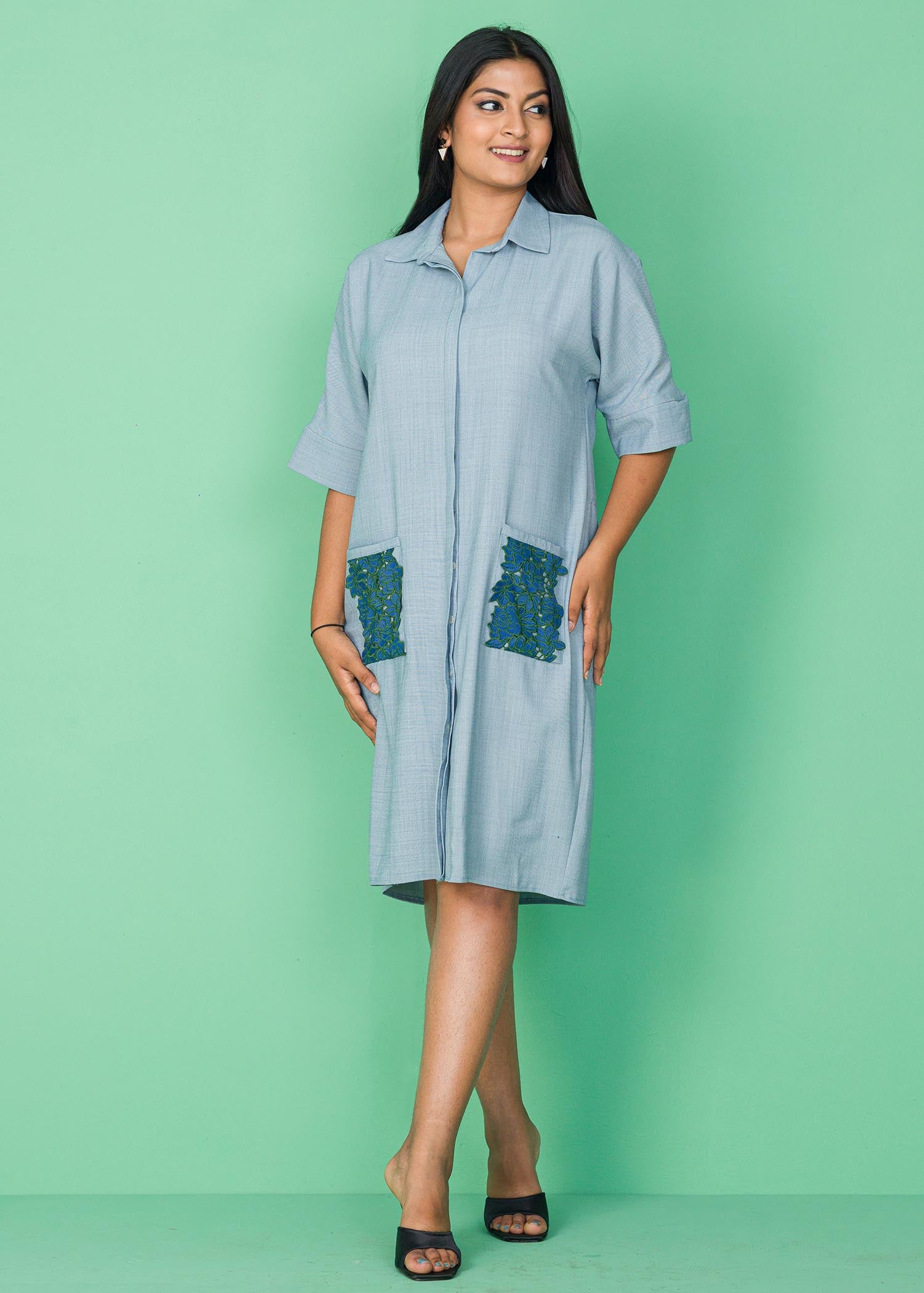 LACE POCKET DETAIL SHIRT DRESS