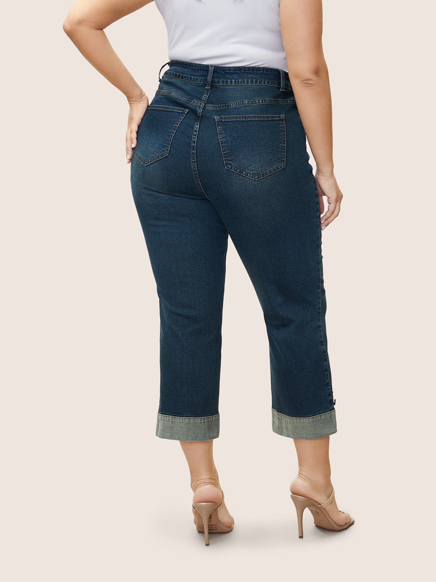Straight Leg Patchwork Hem Metal Button Detail Jeans