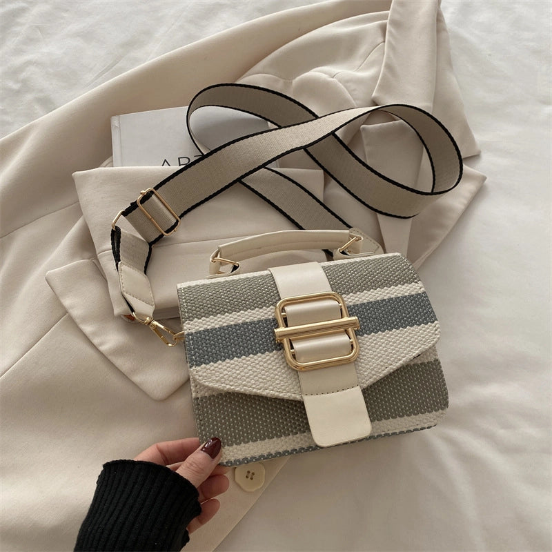 Women's Pu Leather Stripe Classic Style Sewing Thread Square Magnetic Buckle Flip Cover Crossbody Bag